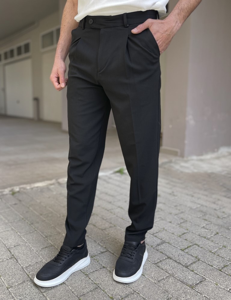 Ανδρικό μαύρο υφασμάτινο παντελόνι με πιέτα και λάστιχο στην μέση FCL00295M φωτογραφία